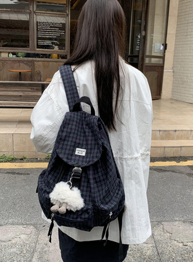 Unique blue 格子双肩包复古格子休闲大学生书包25秋冬轻便大容量