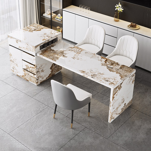 岩板岛台餐桌一体可伸缩开放式厨房轻奢倒台多功能导台白色中岛台