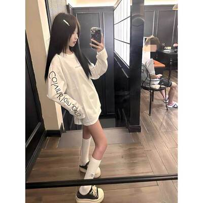 美式复古字母印花白色长袖t恤女春秋2025新款设计感圆领打底上衣