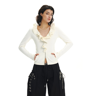 2025秋装荷叶边上衣收腰弹力衬衫