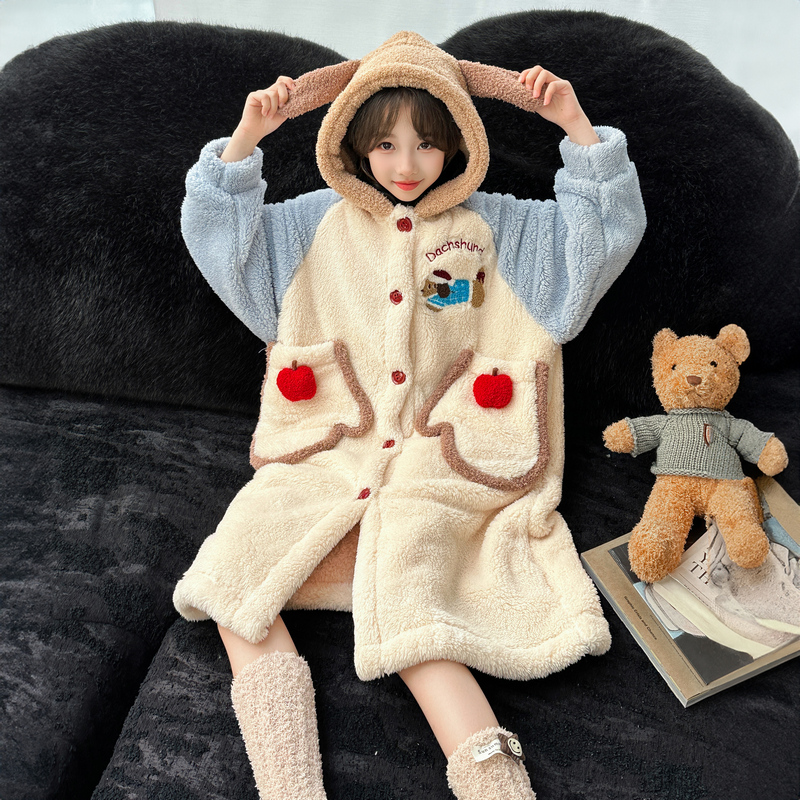 女童睡袍冬款加厚2025新款大童儿童珊瑚绒睡衣女孩冬季家居服裙子