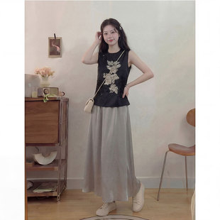 黑色无袖 知心衣春夏季 气质国风版 中式 盘扣马甲半身裙子两件套 新款