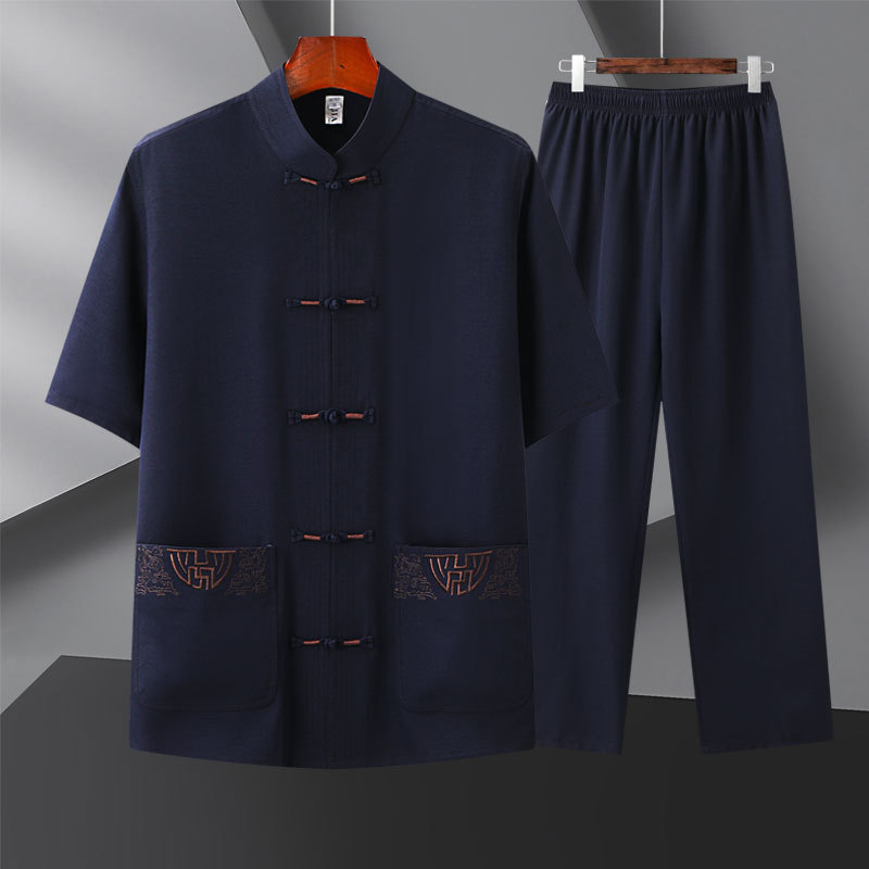 中国风短袖二件套唐装男中老年爸爸装金丝盘扣中山汉服夏套装茶服