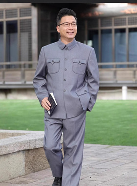 银灰色中老年毛氏中山装爸爸爷爷套装中国风中山服老人衣服