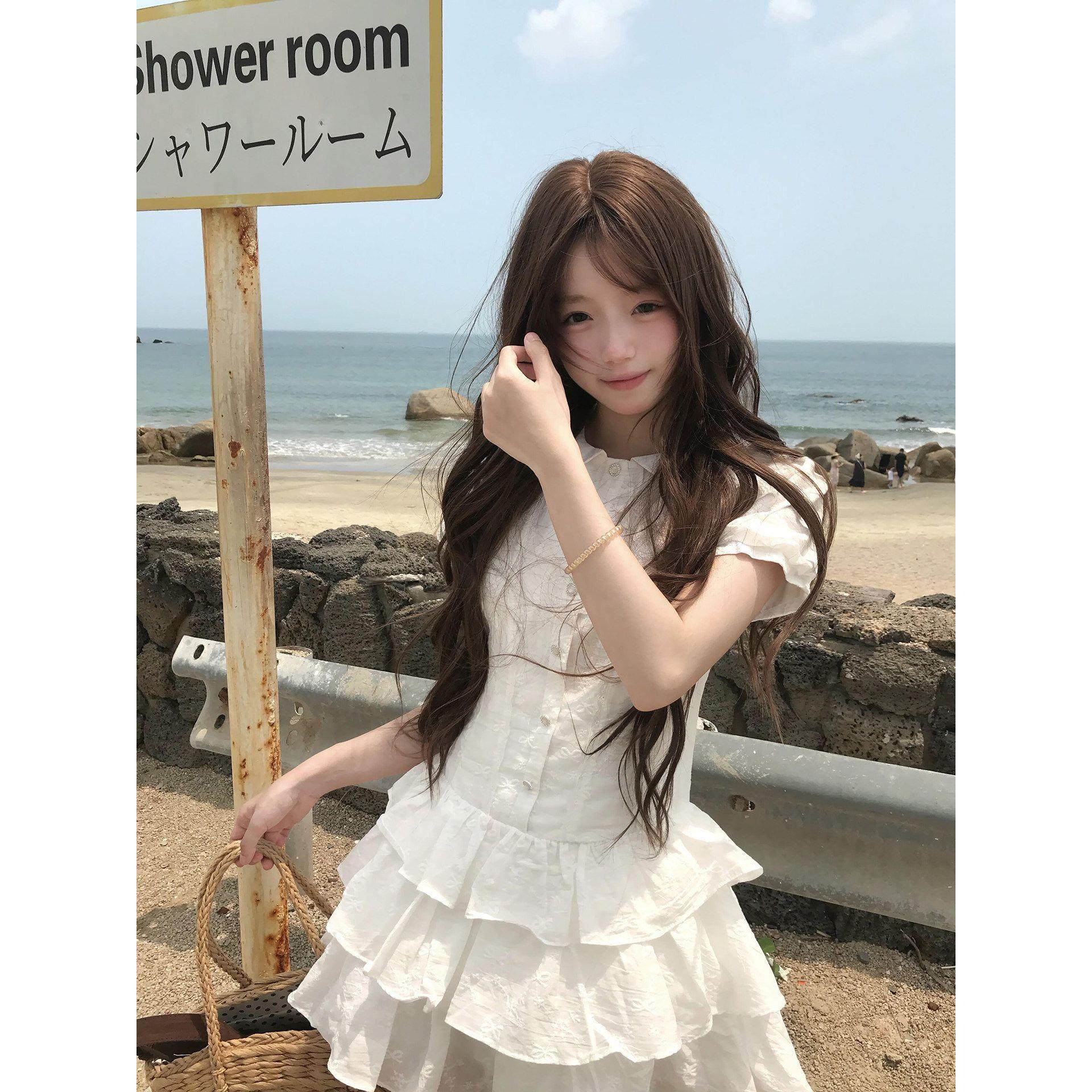 韩系学院风泡泡袖白色衬衫连衣裙女夏季辣妹穿搭a字短款蛋糕裙子