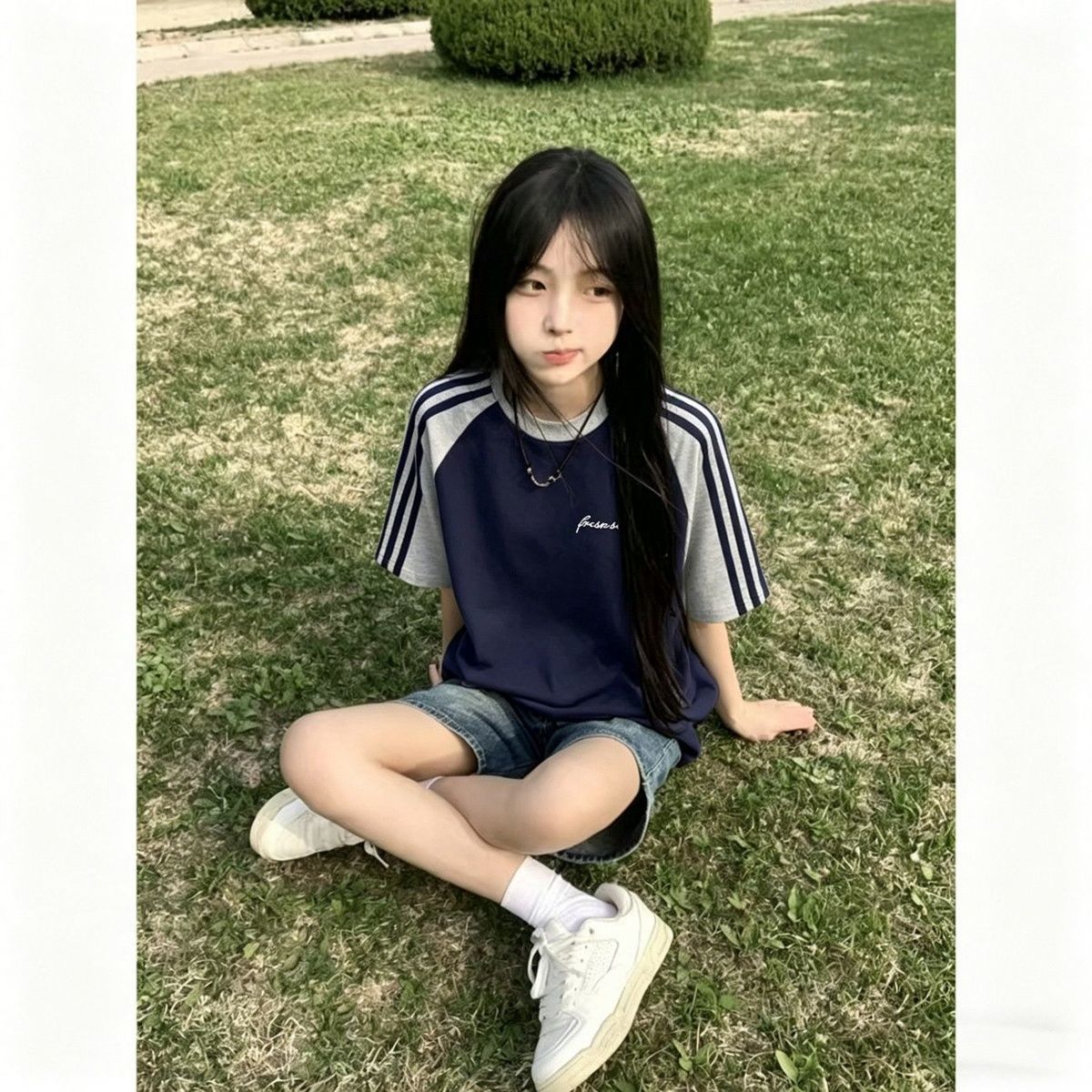 少女大童三条杠插肩短袖t恤女夏季新款初中高中学生宽松半袖上衣