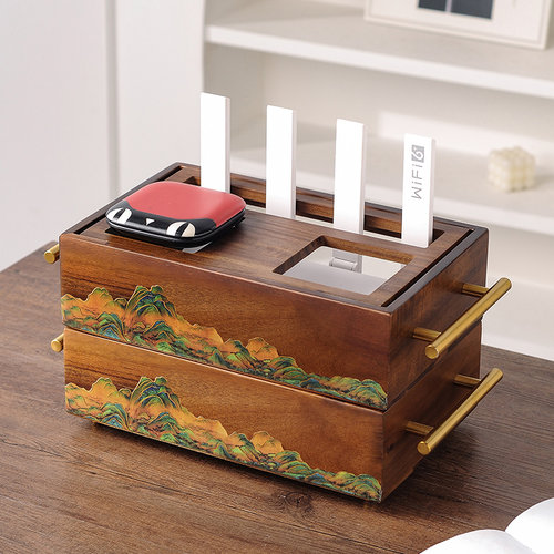 中式实木插座排插遮挡收纳盒路由器光猫收纳盒神器桌面整理集线盒