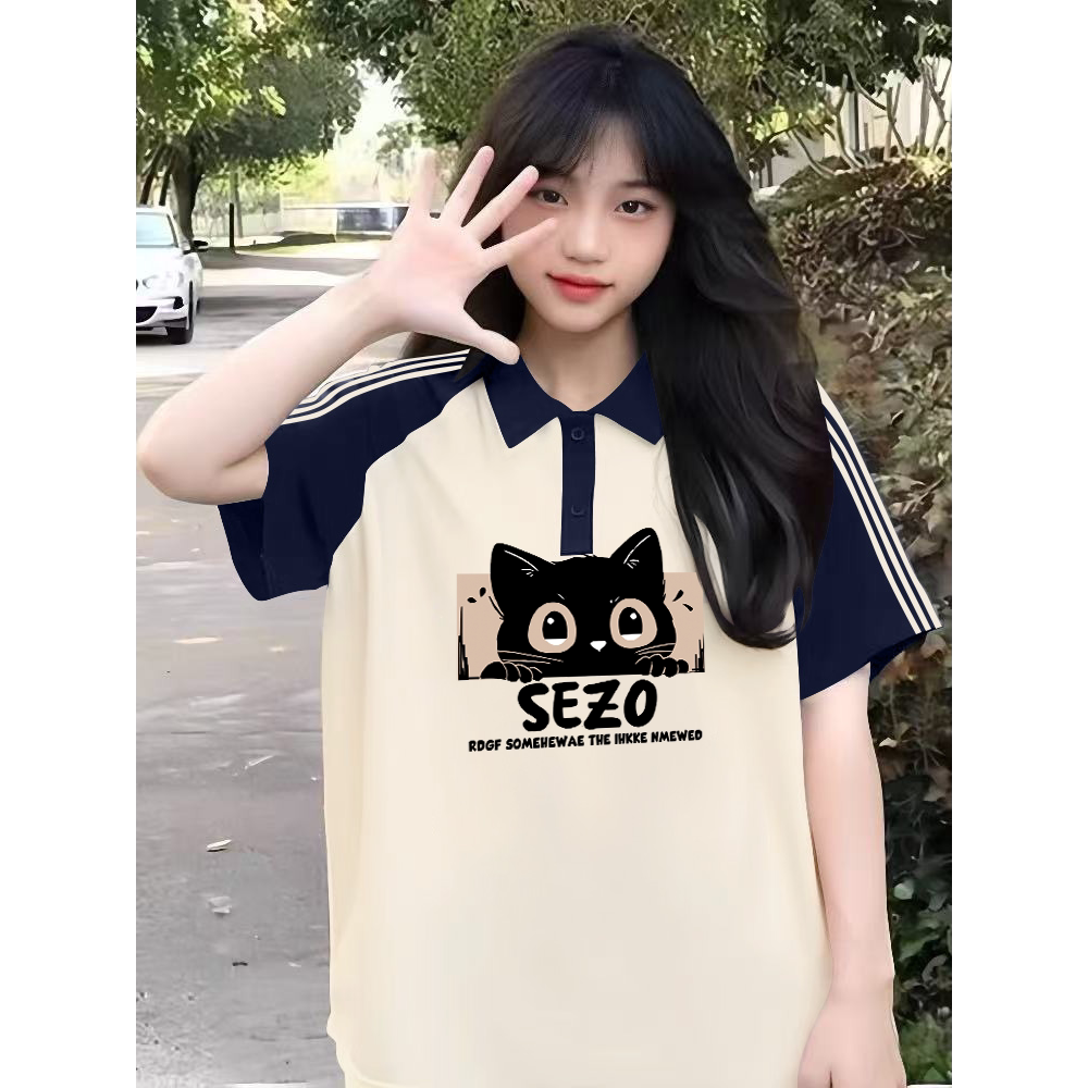 美式插肩三条杠短袖t恤女大童夏季初中高中生宽松纯棉polo领上衣