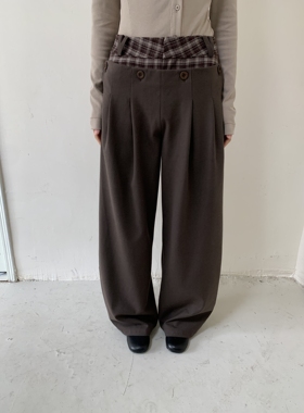 dorydory 格纹拼接西装裤女2025秋冬季新款棕色阔腿香蕉裤子垂感