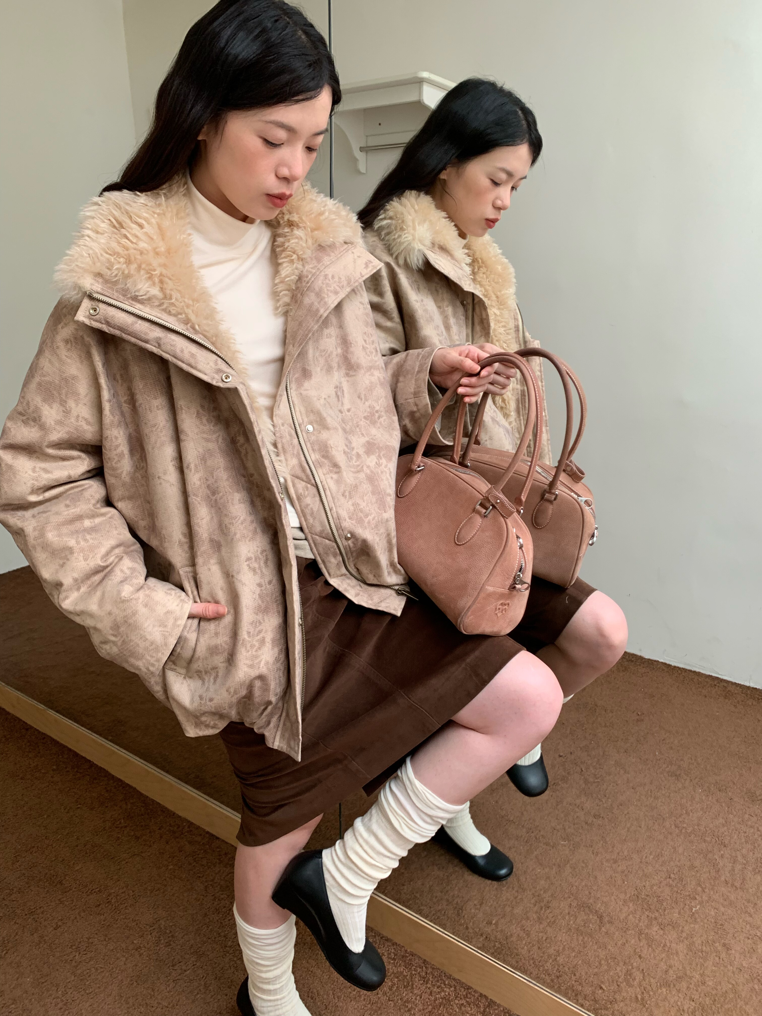 dorydory毛领花苞羽绒服夹克女冬季新款复古做旧保暖显瘦短款外套