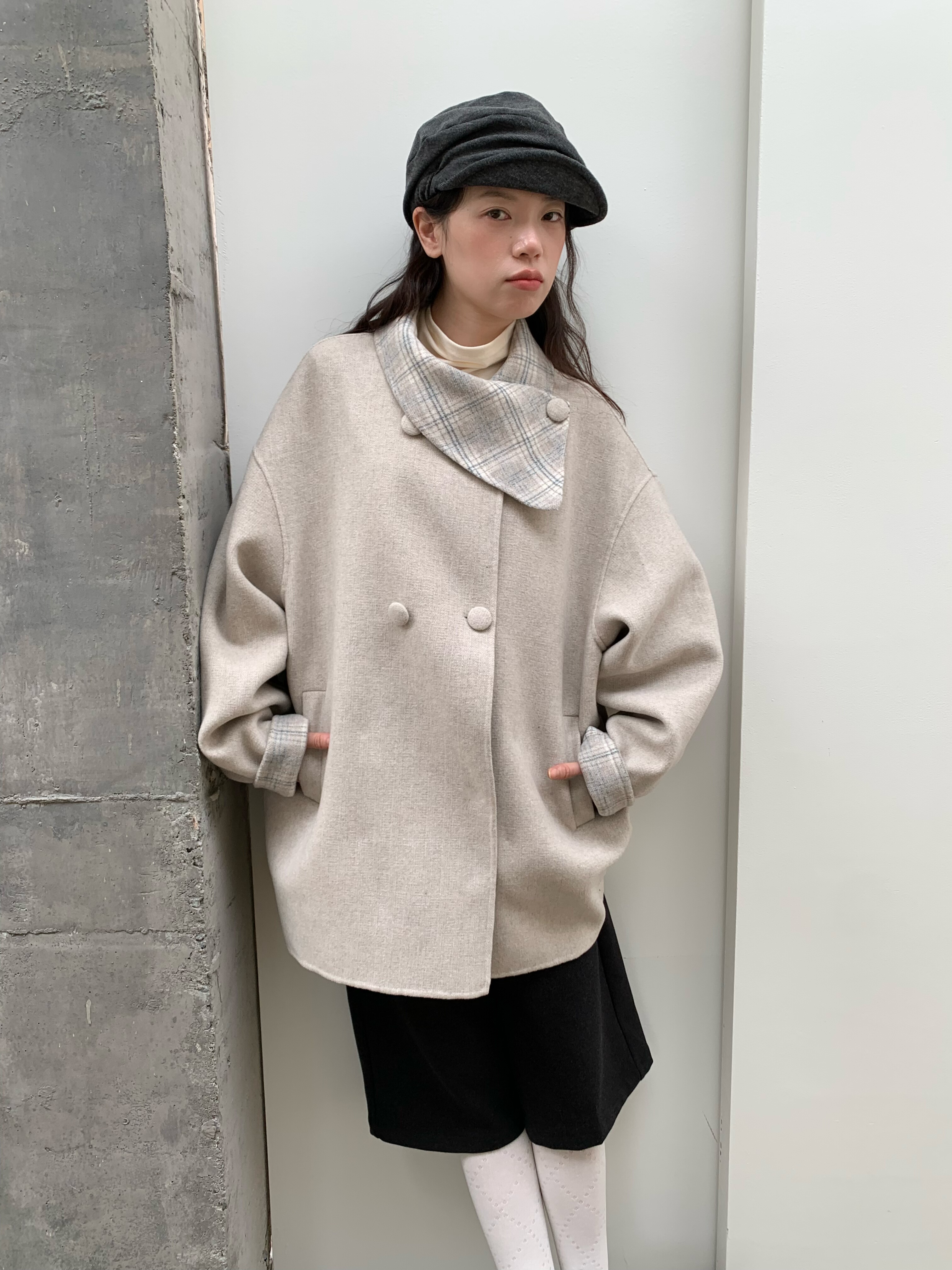 dorydory格纹翻领双面大衣女2025新款复古小个子短款羊毛毛呢外套