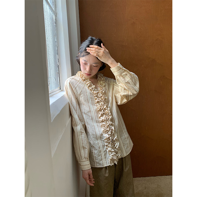 dorydory立体花边条纹衬衫新中式木耳边气质小衫早秋新款国风上衣