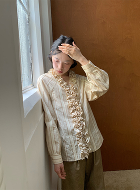 dorydory立体花边条纹衬衫新中式木耳边气质小衫早秋新款国风上衣