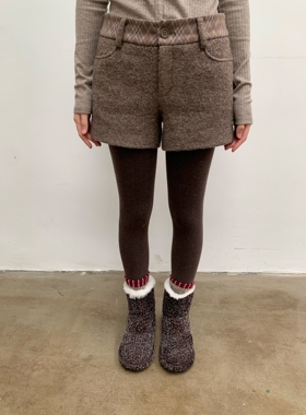 dorydory 2025秋冬新款中低腰外穿百搭格子拼接羊毛呢短裤女