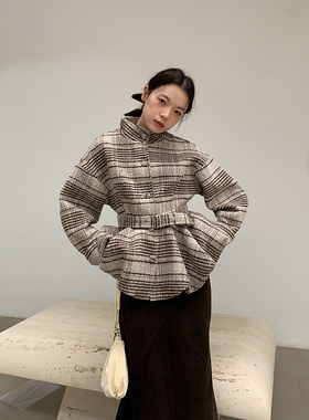 dorydory格纹毛呢花苞外套收腰小立领毛呢短外套秋冬短款大衣