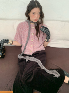 dorydory 粉紫色复古粗针织绞花短袖毛衣女秋冬高级感羊毛上衣