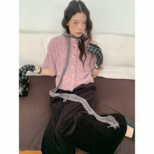 dorydory 粉紫色复古粗针织绞花短袖毛衣女秋冬高级感羊毛上衣