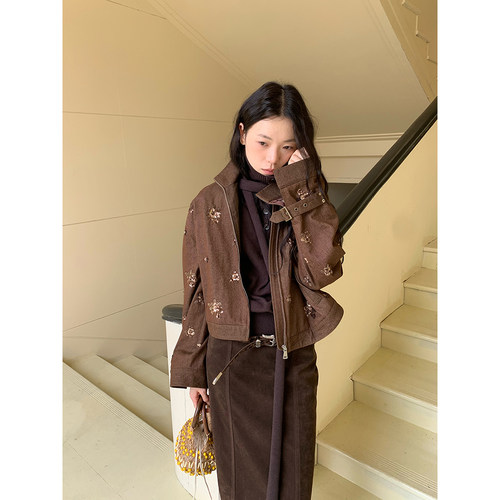 dorydory棕咖色高领立体绣珠夹克独特超好看初秋穿搭又酷又飒外套