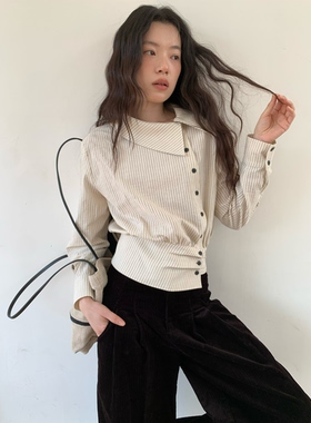 dorydory 修身收腰显瘦短款衬衫女白色条纹春新款长袖上衣斜门襟