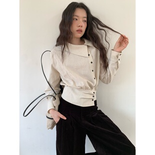 上衣秋 女斜门襟腰封长袖 dorydory 米白色条纹翻领不规则收腰衬衫