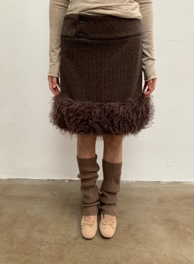 dorydory 2025秋冬季新款中低腰条纹毛毛边直筒半身裙女