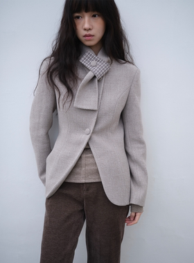 dorydory 格纹围巾领收腰西装2026春新款设计感上衣修身短外套女