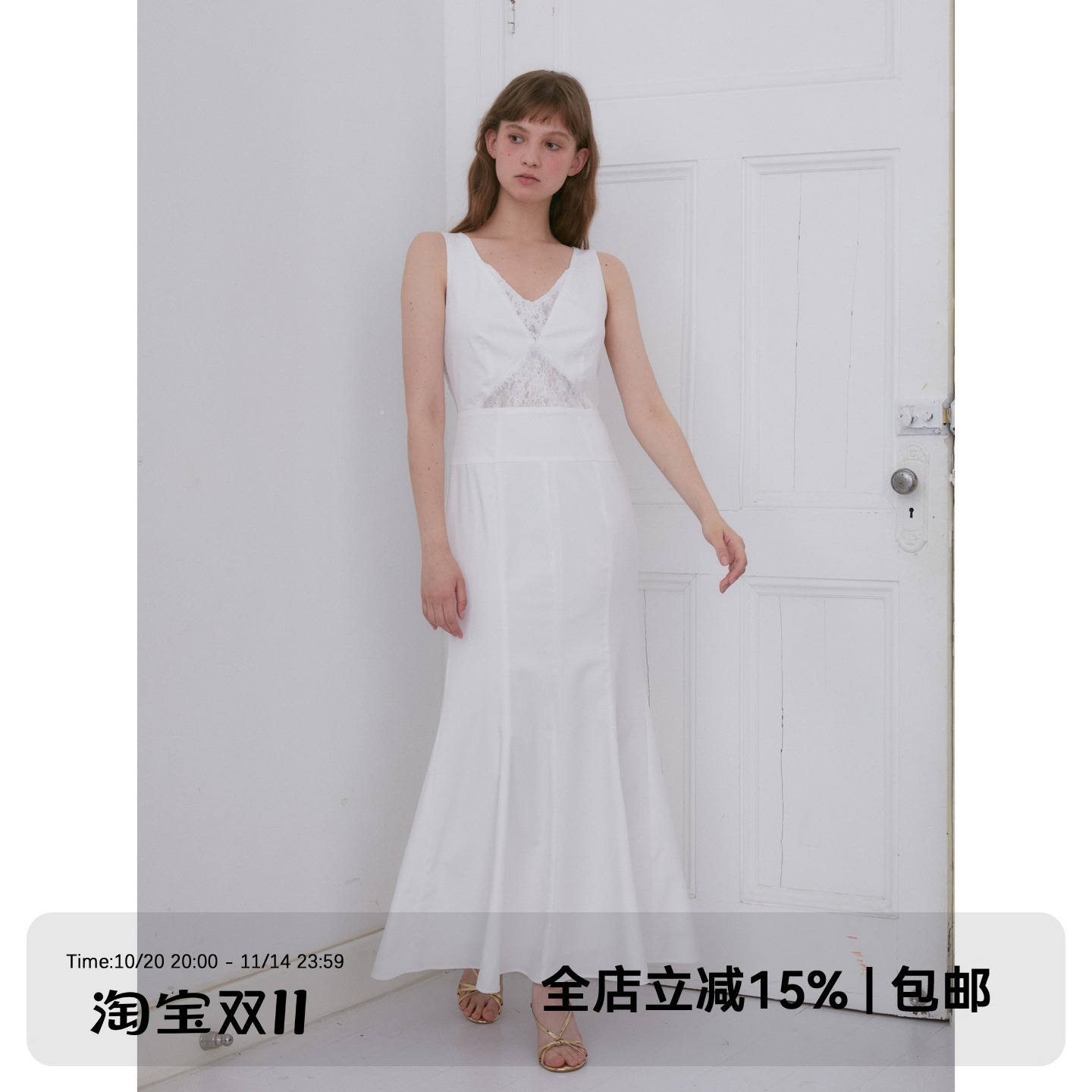 dorydory原创设计纯白色浪漫蕾丝V领连衣裙修身显瘦无袖长裙