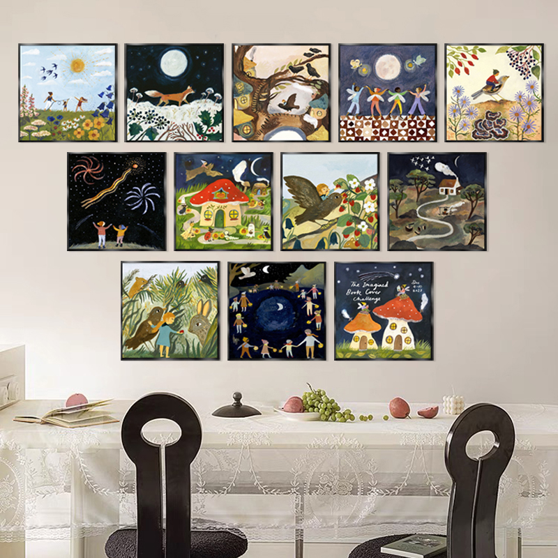 文艺小清新可爱插画北欧家居餐厅卧室装饰画客厅挂画沙发背景墙画