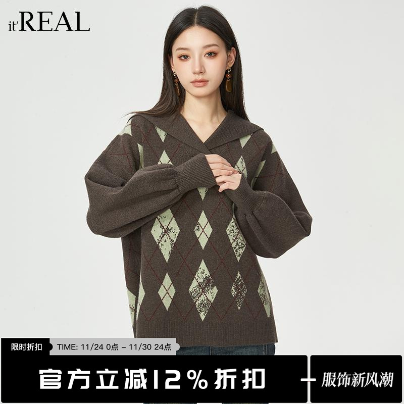 itreal复古菱格毛衣海军领