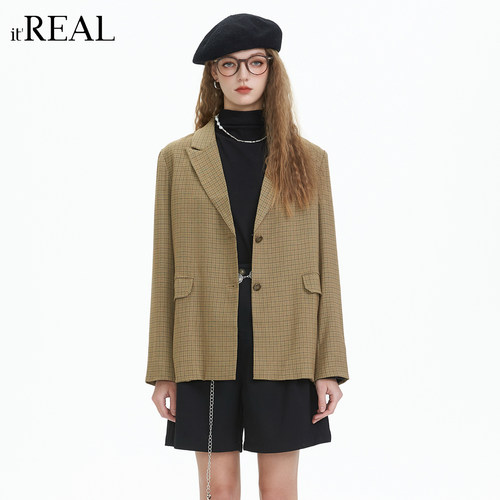 it'real瑞尔春季新款复古格纹休闲西装外套女装上衣