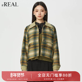 美式 real瑞尔冬新款 复古格纹夹克宽松小众设计毛呢短外套女