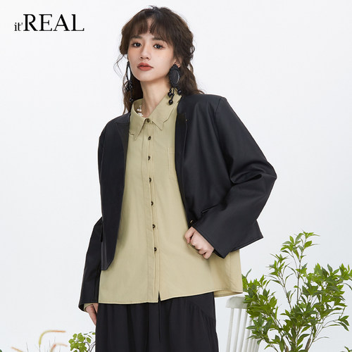 圆领短款皮衣it'realpu设计感