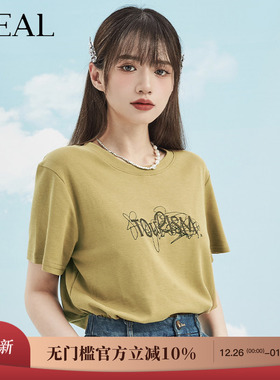 it'real瑞尔夏新款美式复古短袖t恤女字母印花宽松体恤上衣