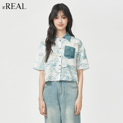 新中式国风印花短袖衬衫女