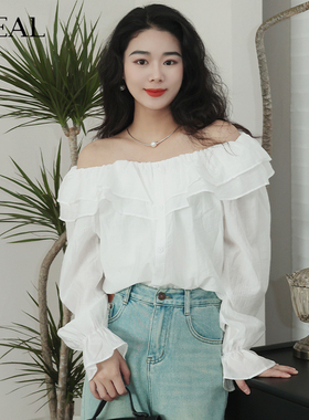 it'real瑞尔春新款法式一字肩衬衫花边荷叶袖白色罩衫上衣女