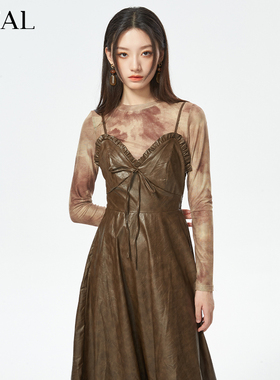 it'real瑞尔秋新款美式复古PU皮裙款外搭叠穿皮吊带连衣中长裙