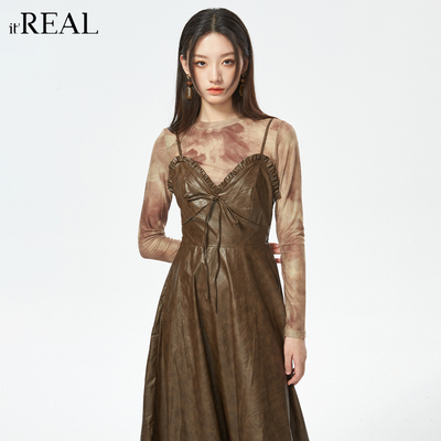 瑞尔复古伞裙PU吊带裙皮裙