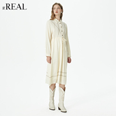 real瑞尔秋季 新款 法式 简约线迹收腰茶歇衬衫 领气质连衣裙
