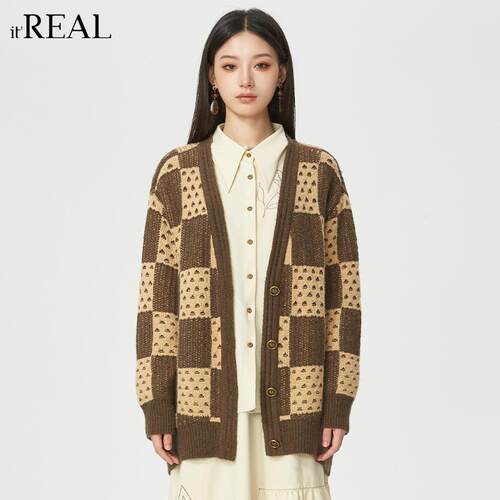 复古毛衣外套撞色itreal针织开衫