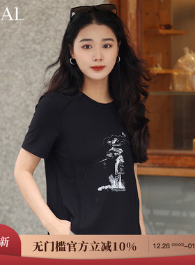 it'real瑞尔夏新款黑色正肩t恤女半袖上衣美式复古休闲短袖