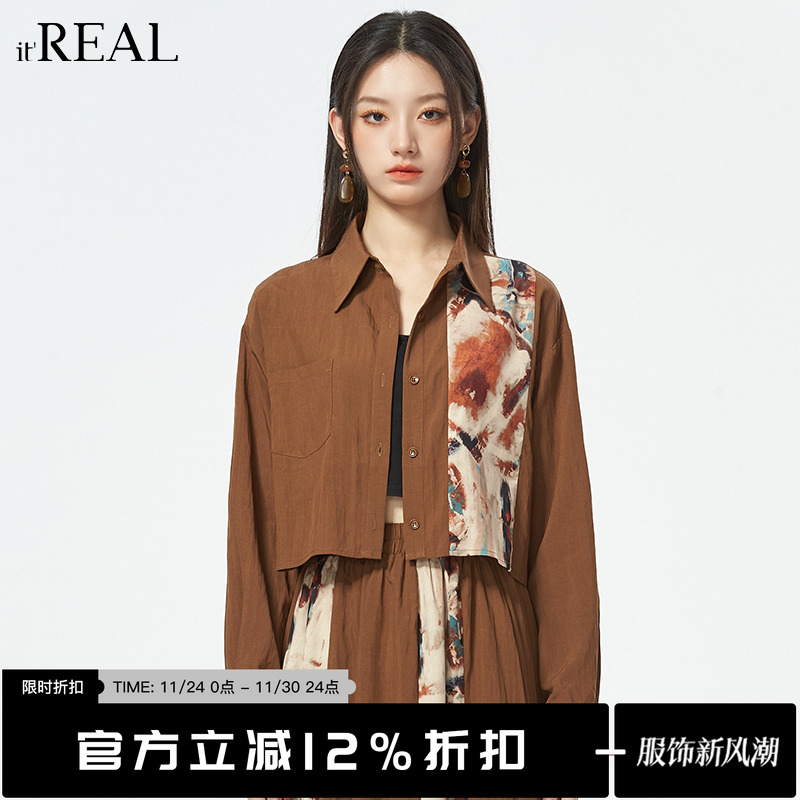 衬衫短款复古长袖拼接印花