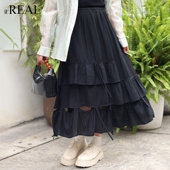 小复古黑裙松紧显瘦中长款 real瑞尔夏新款 蛋糕a字裙