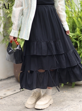 it'real瑞尔夏新款小复古黑裙松紧显瘦中长款蛋糕a字裙