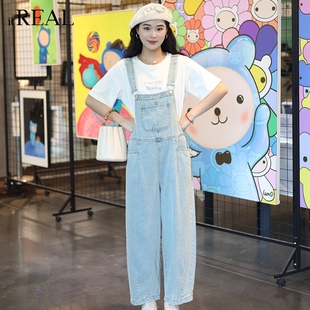 百搭高腰阔腿裤 重磅浅色牛仔背带裤 子 real瑞尔夏新款