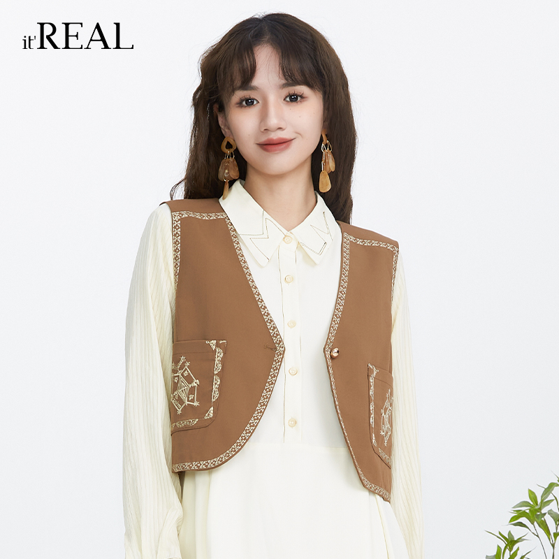 瑞尔一粒扣复古短V字领马夹