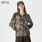 real瑞尔秋季 新款 复古风不对称领精致晕染肌理感长袖 衬衫