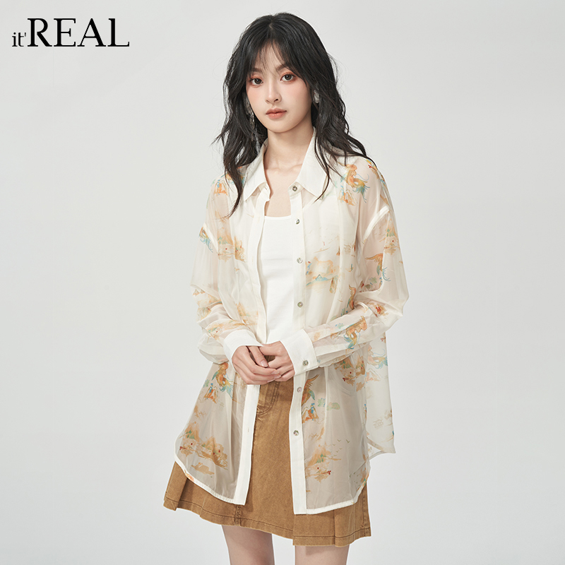 it'real瑞尔法式复古轻薄印花衬衫女2025夏季新款防晒衣空调服女