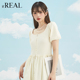 拼接假两件A字裙 复古连衣裙U领短袖 real瑞尔夏新款 法式