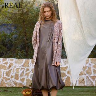 长裙 real瑞尔收腰系带背带连衣裙女花苞裙摆大口袋甜酷风春季