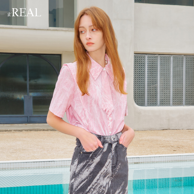 itreal瑞尔2023夏季新款女士休闲复古风质感衬衣短袖上衣气质衬衫